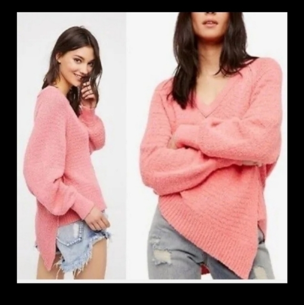 Free People Oversized sweater pink west coast‎ v neck asymmetrical hem size XS